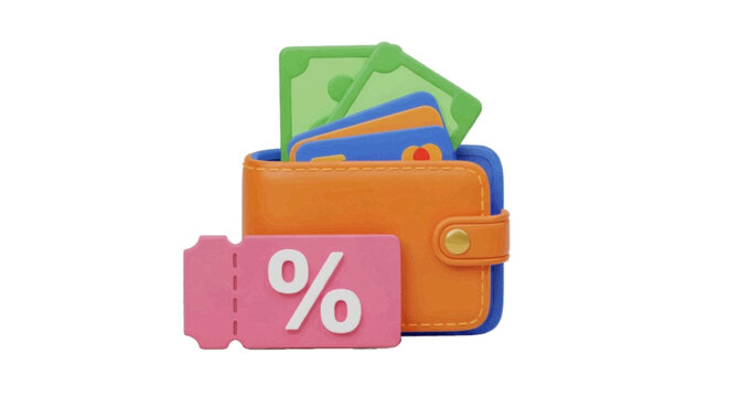 Vector illustration&nbsp;of 3d illustration of a wallet with money, credit cards and a discount coupon on a transparent background