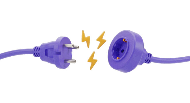 Vector illustration&nbsp;of purple electric plug and socket disconnected with lightning icons on a transparent background