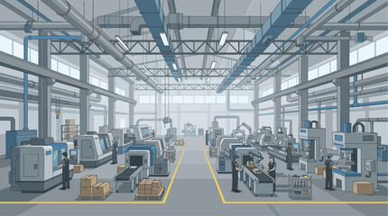 Fototapeta premium A spacious factory interior showcases automated production lines with workers operating machinery, conveyor belts, and robotic arms in a clean, industrial setting.