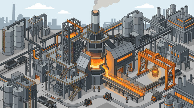 Isometric view of a busy steel mill with molten metal flowing and workers operating machinery, conveying industrial production and manufacturing.