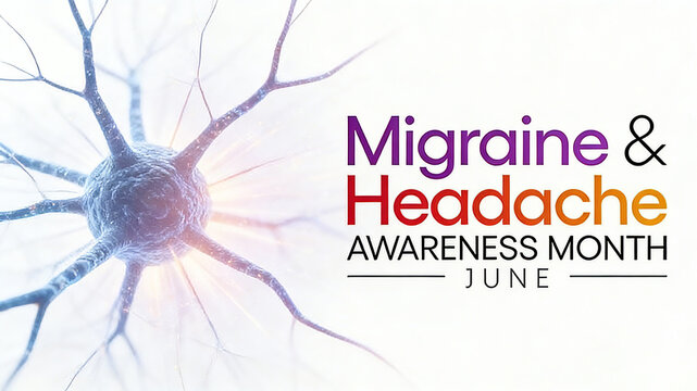 Neuron close-up with theme text, representing migraine and headache promotion month cognition, suitable for June headache health popularization and patient care promotion posters

