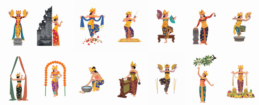 Flat Vector Illustration Set of Traditional Balinese Dancers and Women Performing Cultural Rituals in Colorful Costumes Isolated on White Background