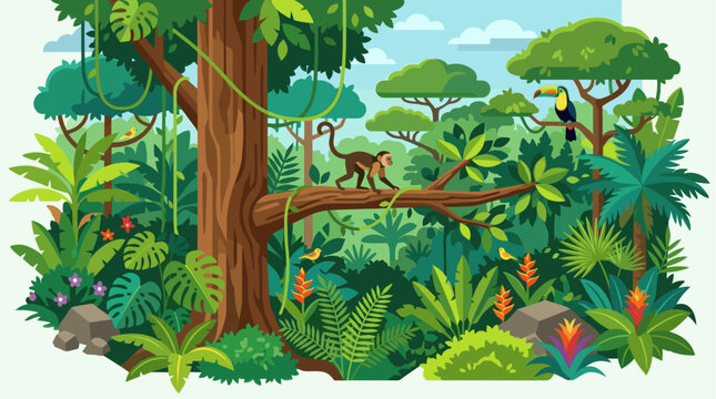 A lively cartoon illustration depicts a monkey swinging on a branch in a vibrant, dense rainforest filled with lush green foliage and colorful tropical birds.