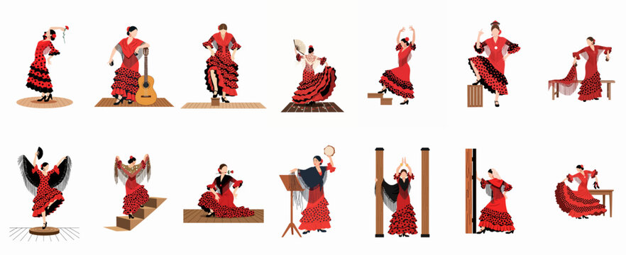 Collection of Thirteen Flat Vector Illustrations of Traditional Spanish Flamenco Dancers in Red and Black Polka-Dot Dresses on White Background