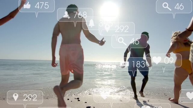 Vertical video: Notifications floating over group running and splashing into surf for social posts