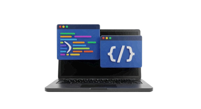Vector illustration&nbsp;of 3d laptop computer with code editor windows and programming symbols on a transparent background