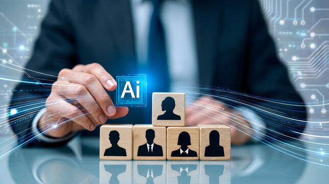 Man in suit places AI cube on wooden blocks with profile icons artificial intelligence technology