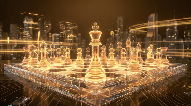 Complete set of glowing orange digital chess pieces on a futuristic circuit board representing
