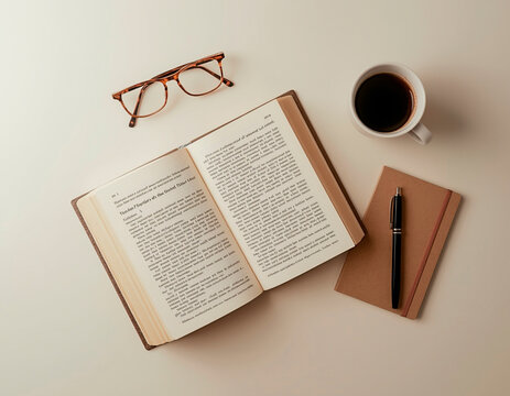 Top view flat lay of an open book, coffee cup, reading glasses, pen and notebook arranged on a clean light background, cozy minimal composition, warm tones