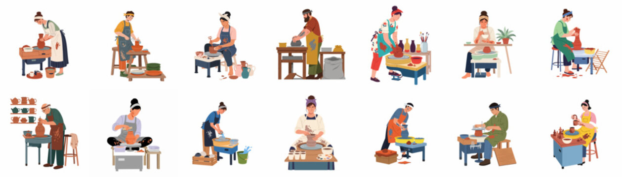 Illustrations of diverse potters and ceramic artists crafting various vessels and sculptures using pottery wheels and hand-building techniques in a creative workshop.