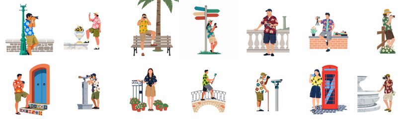 Set of flat vector characters representing tourists on vacation, wearing aloha shirts and taking pictures with cameras and phones. © Cristina
