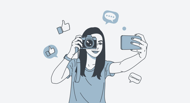 Young woman taking selfie with camera and phone, social media icons