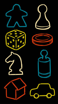 A vibrant collection of quick doodle illustrations featuring various board game pieces and popular game tokens, rendered in a playful, hand-drawn vector art style against a dark background