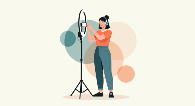 Young woman with headphones setting up ring light and phone for vlogging