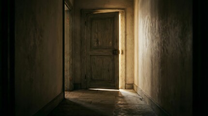 Fototapeta premium Bright Glowing Light Shining Through a Slightly Open Door in a Dark Hallway