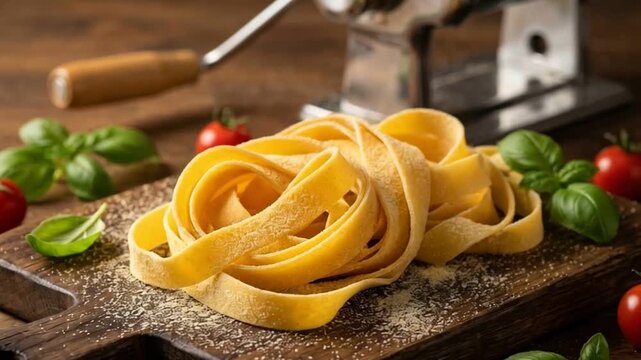 Fresh Homemade Tagliatelle Pasta Nests on a Rustic Wooden Board.