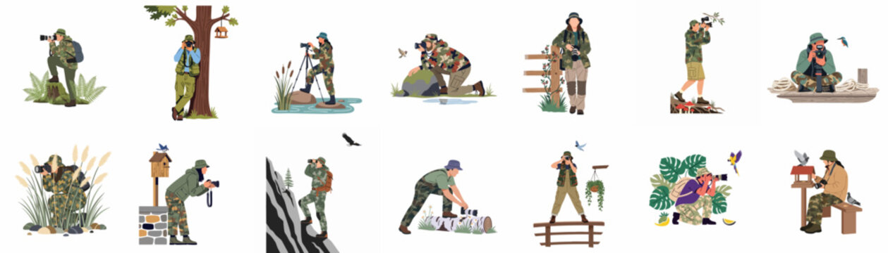 Collection of flat vector illustrations featuring wildlife photographers in camouflage gear capturing diverse bird species in various natural outdoor settings.