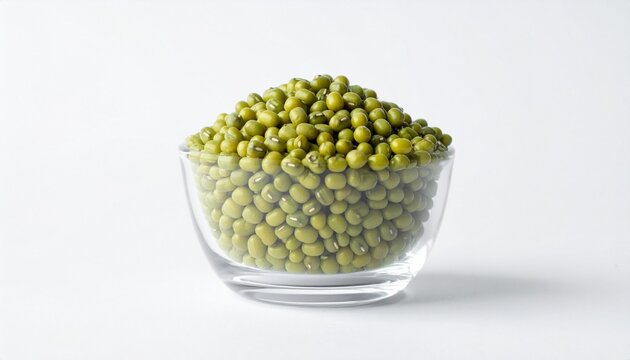Glass bowl filled with bright green peas against plain white background, symbolic visualization of food, nutrition, and simplicity.