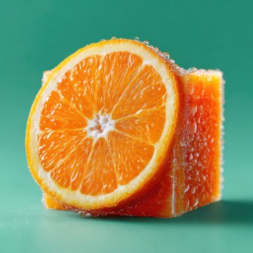 Conceptual Square Cube Shaped Orange Fruit with Fresh Slice Isolated on Teal Background - Surreal Food Photography