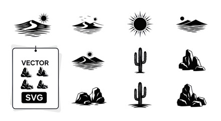 Fototapeta premium Desert Landscape Elements: Sun, Dunes, Cacti, Rocks, Mountains - Vector Icons