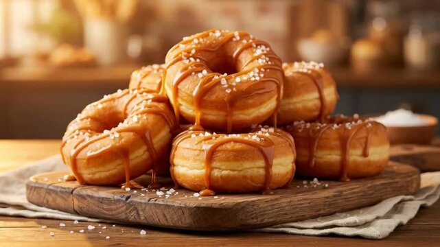 Stack of Salted Caramel Glazed Donuts on a Rustic Wooden Board.
