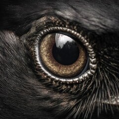 Obraz premium Extreme Macro Photography of a Majestic Black Bird Eye Highlighting Intricate Iris Textures Glossy Pupil Reflection and Fine Feathers Detailed Ornithology Portrait for Wildlife and Nature Backgrounds