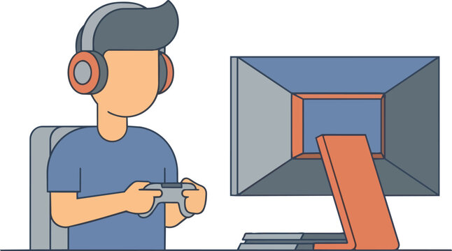 Gamer At Computer Playing Video Game With Headset.