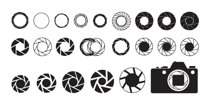 Camera lens aperture iris icons set showing different levels of light exposure and shutter blade mechanisms.