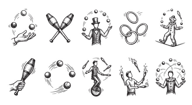 A hand drawn collection of diverse circus performers expertly juggling balls, clubs, and rings in a classic black and white sketch style.