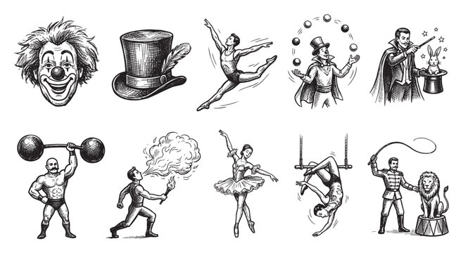 A vintage-style collection of circus performers in black and white ink, featuring a clown, magician, juggler, strongman, fire-breather, and acrobats.