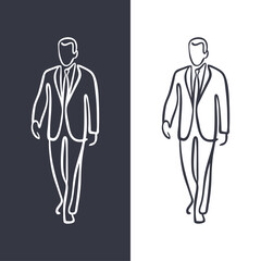 Logo moda de caballero. Dibujo minimalista con líneas de un hombre con traje, camisa y corbata, andando de frente  © teracreonte