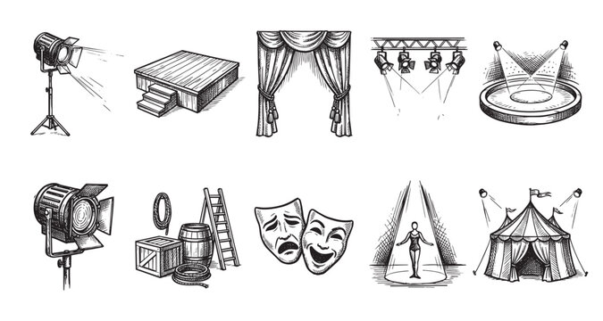 A collection of black and white sketches depicting various theatrical elements and lighting equipment, including spotlights, stages, curtains, and masks, ideal for performance.