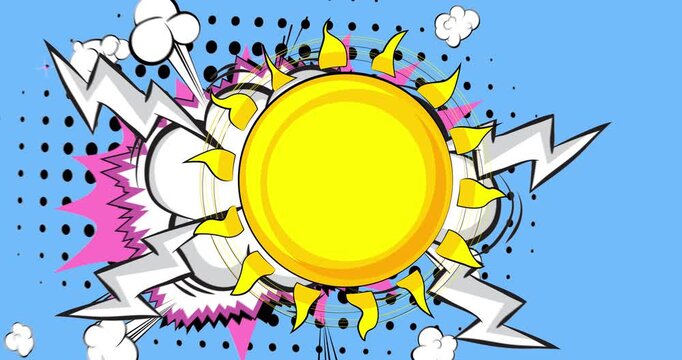 Cartoon Sun, comic book summer video. Retro comics pop art design animation.