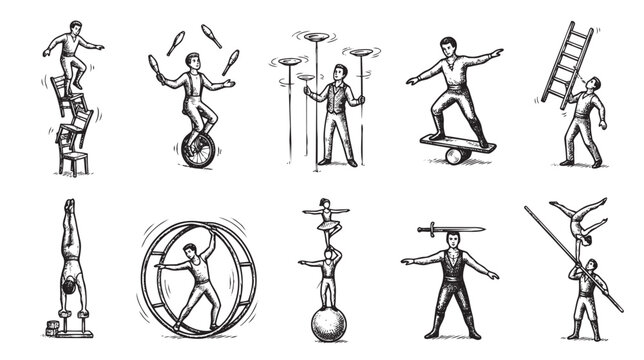 A collection of hand-drawn illustrations featuring circus performers showcasing various balancing acts and juggling skills against a white background.