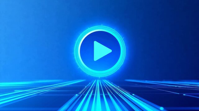Blue neon play button on digital background