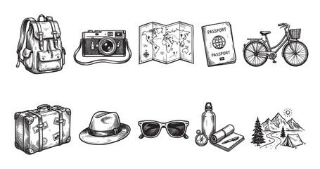 Fototapeta premium A collection of hand-drawn sketch icons representing travel and adventure, including a backpack, camera, map, passport, bicycle, suitcase, hat, sunglasses, compass, and camping scene.