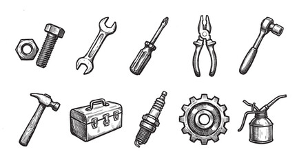 Obraz premium A collection of hand-drawn mechanical tools and hardware items, rendered in a vintage sketch style, perfect for DIY, repair, and industrial themes.