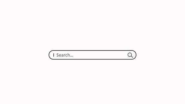 Search bar interface pop up and typing a query on a minimalist on white background. Internet browsing search bar button animation. Web search icon animation with magnify glass icon