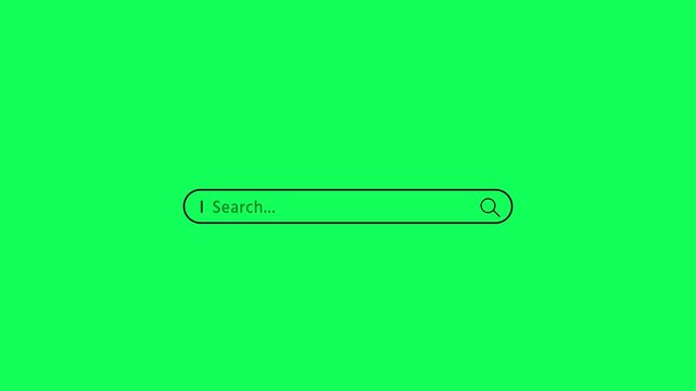 Search bar interface pop up and typing a query on a minimalist on green background. Internet browsing search bar button animation. Web search icon animation with magnify glass icon