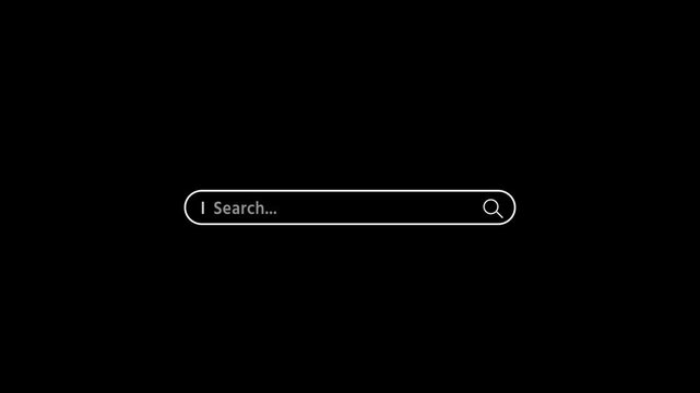 Search bar interface pop up and typing a query on a minimalist on black background. Internet browsing search bar button animation. Web search icon animation with magnify glass icon