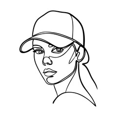 Logotipo con dibujo minimalista de una única línea de la cabeza de una mujer con gorra de béisbol para uso casual y deportivo © teracreonte