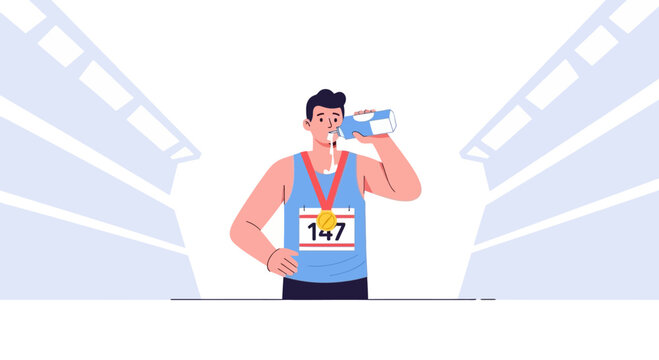 Athlete drinking water after race, wearing medal and bib number 147