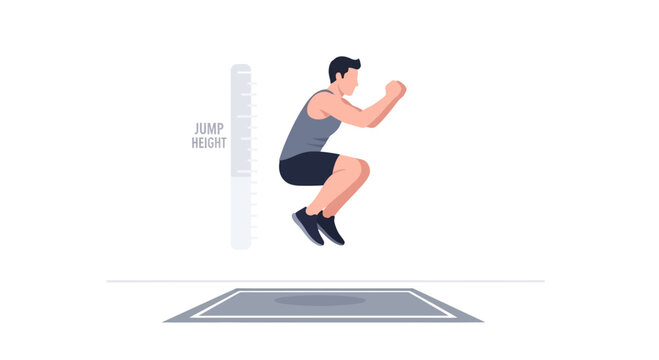 Athlete performing vertical jump test measuring jump height, fitness and sports concept