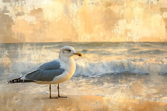 Seascape with Seagull: Impressionistic Digital Painting of Coastal Bird and Golden Ocean Waves