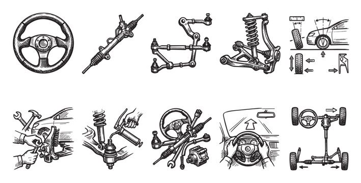 This sketch-style illustration features various automotive steering and suspension components, including tie rods, ball joints, steering racks, and a suspension system, with diagrams of alignment.