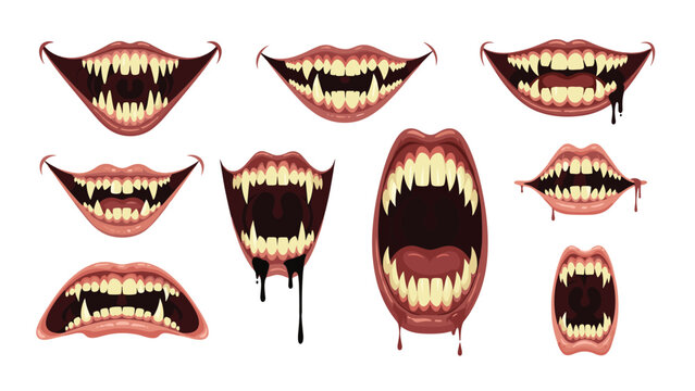 Collection of frightening monster and creature mouths with sharp teeth, blood, and scary expressions for horror design.