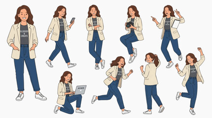 Obraz premium Diverse poses of a young woman in casual wear, depicting various activities and expressions 