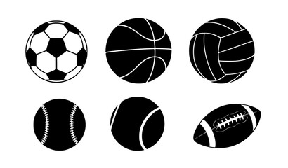 Obraz premium Sports ball icon set black silhouette vector soccer football collection