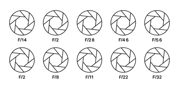 Camera aperture f stop values diagram vector set iris blades opening shutter diaphragm different sizes.