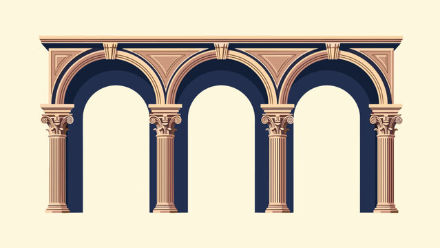 Detailed architectural illustration of three classical stone arches supported by ornate columns in an ancient style.